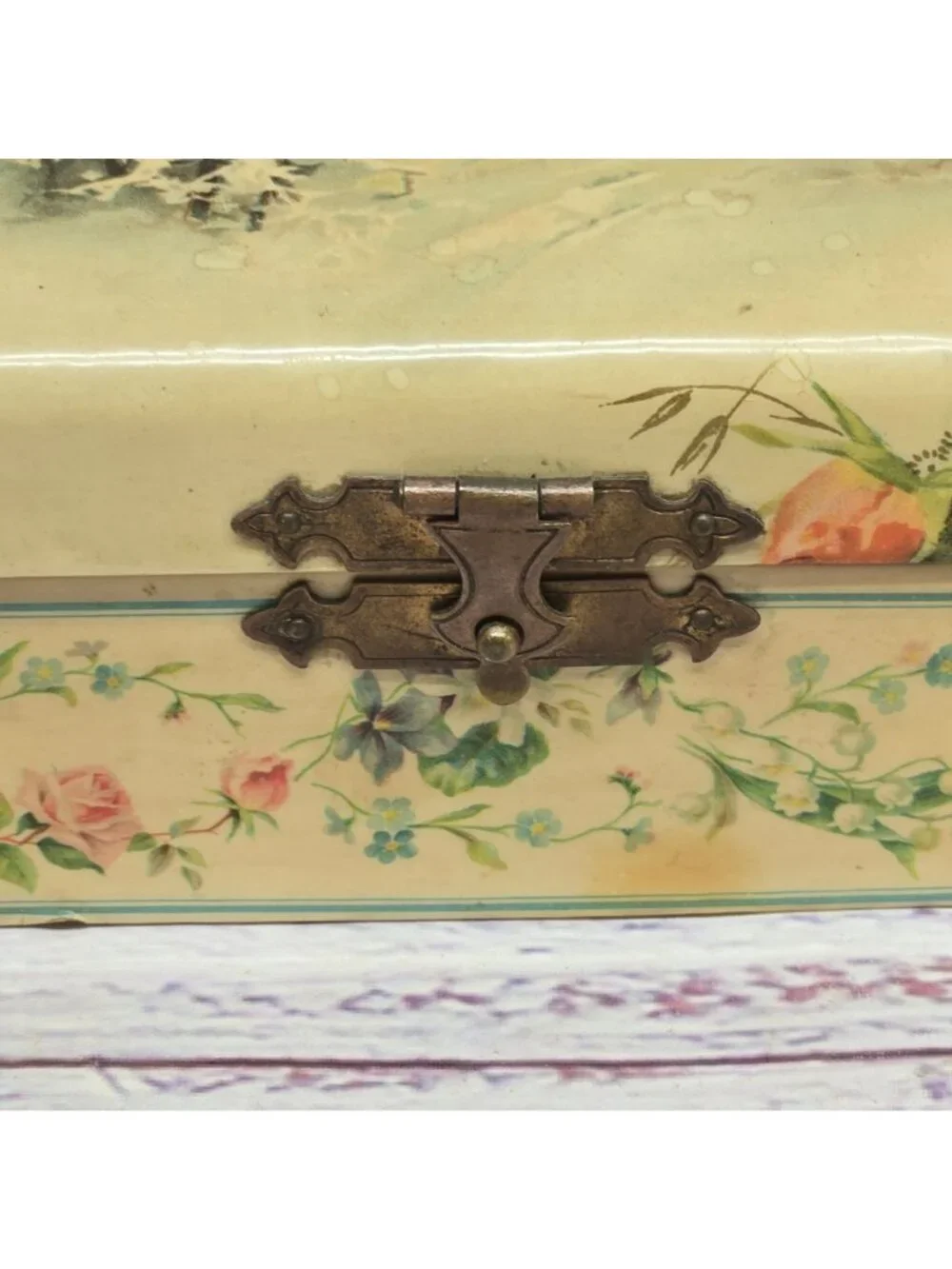 Antique Victorian Celluloid Glove Box Floral & Winter Lithograph Ornate Lock